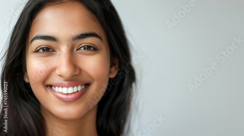 Happy young Indian woman isolated on light gray background. Portrait. Beauty portrait of beautiful smiling Indian