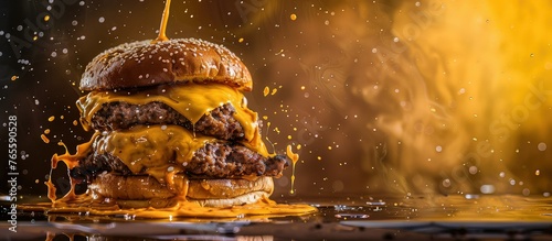 Two smashed double cheese burgers. Against a striking metallic grunge backdrop. photo