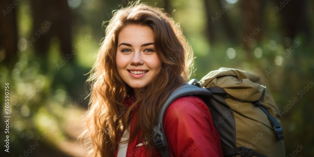 a chubby healthy confident smiling teenage girl with backpack hiking in forest a chubby healthy confident smiling teenage girl with backpack hiking in forest