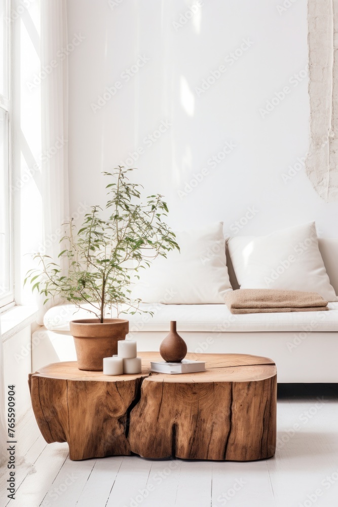 Rustic edge coffee table made from a tree stump with a daybed near the window. Rustic edge coffee table made from a tree stump with a daybed near the window.