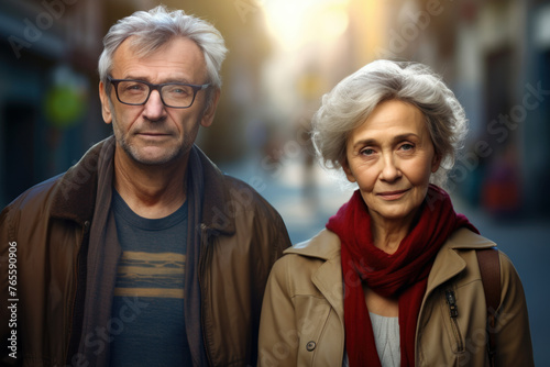 Happy, stylish senior couple with on a city street