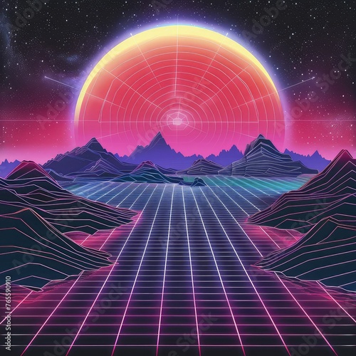 80s Retro Sci-Fi Background. futuristic synth retro wave illustration in 1980s posters style.