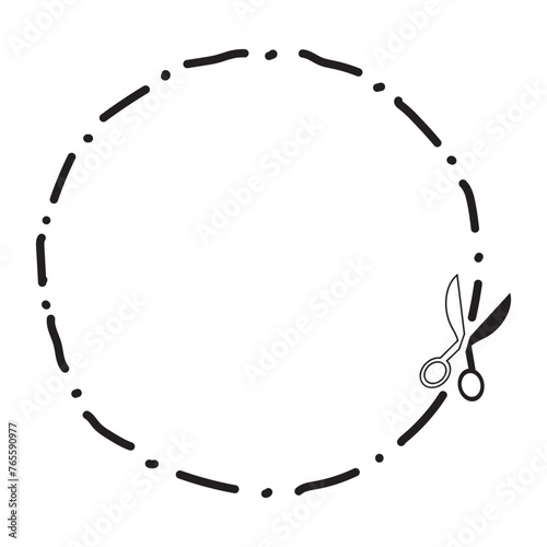 Round frame made of dotted line and scissors nearby. Good for advertisement, coupons, sales, banners, other things that need to be marked to take away. Black line and scissors on white background.