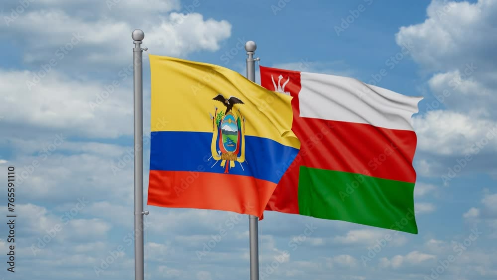 Oman and Ecuador two flags waving together, looped video, two country cooperation concept Oman and Ecuador two flags waving together, looped video, two country cooperation concept