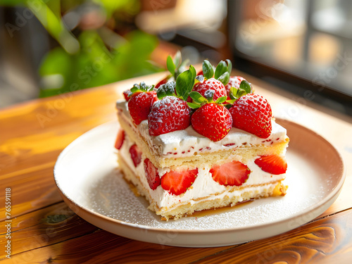 Strawberry sponge cream cake in square shape on the white dish on cozy wooden table