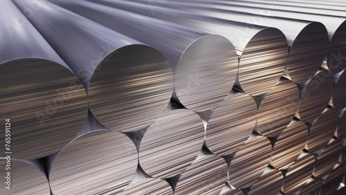 Tracking DOF camera looping 3D animation of the aluminum or aluminium rods stacked at warehouse or factory rendered in UHD