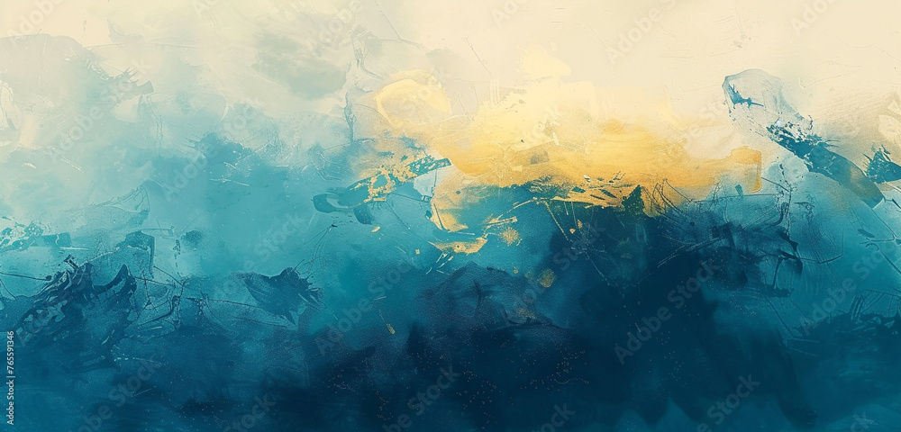 Teal mist, goldenrod splash on a canvas, free space. - obrazy, fototapety, plakaty 