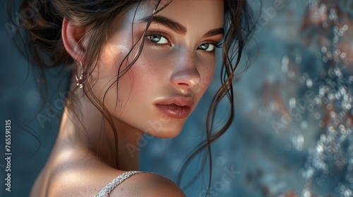 Serene Beauty with Ethereal Gaze,  intimate close-up of a woman's serene face, her gaze calm and ethereal, enhanced by the subtle play of light and shadow