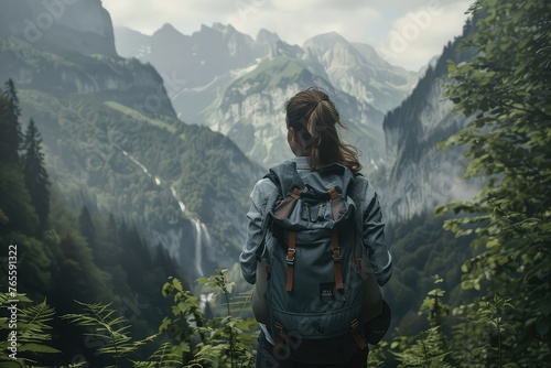 A young woman conquers a scenic mountain trail, her backpack filled with essentials as she treks through lush forests, soaking in the breathtaking views of towering peaks. photo