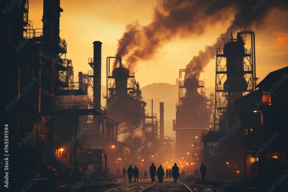 a golden sunset casting light on industrial smokestacks emitting plumes of smoke, showcasing the interplay between nature s beauty and industrial influence.