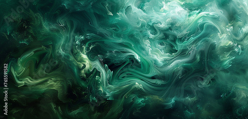 Celestial dance in emerald-hued smoke, abstract colors and mystic swirls converge.