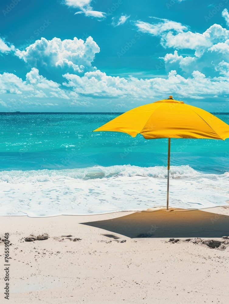Yellow beach umbrella on sandy shore with ocean view - A vibrant yellow beach umbrella offers a tranquil spot on a sandy beach with the sparkling ocean beckoning