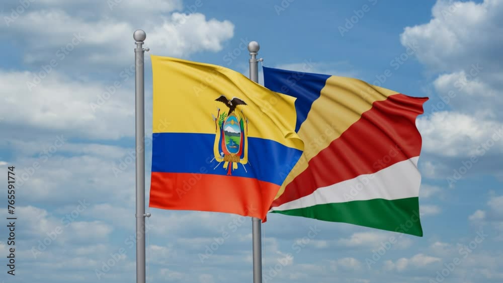 Seychelles and Ecuador two flags waving together, looped video, two country cooperation concept Seychelles and Ecuador two flags waving together, looped video, two country cooperation concept