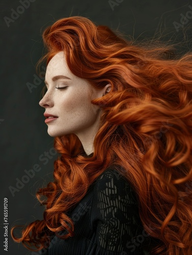 Vibrant redhead profile with flowing hair - A richly colored close-up of a woman's side profile, showcasing her vibrant flowing red hair