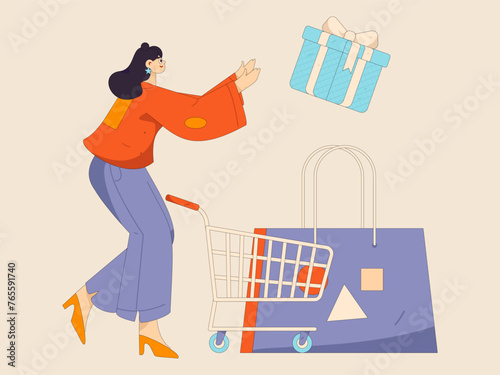 Holiday shopping people doing e-commerce online shopping flat vector concept operation hand drawn illustration
