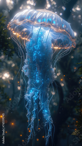 Luminous jellyfish floating under sea glitter - A single, luminescent jellyfish drifts elegantly, its tentacles trailing amidst the twinkling oceanic depths © Mickey