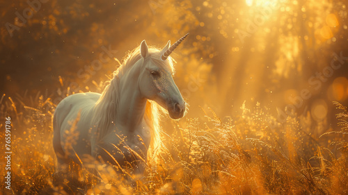 Majestic Unicorn in Golden Sunlit Field - A single mystical unicorn stands in a field bathed in the golden light of a setting sun, creating a serene scene