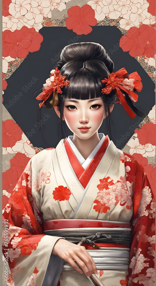 Japanese Beauty: Girl in Kimono with Fan Japanese Beauty: Girl in Kimono with Fan