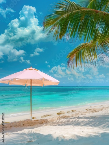 Pink beach umbrella on white sand with palm and sea - A pink beach umbrella stands on pristine white sand under a palm  with clear blue sea waters extending beyond