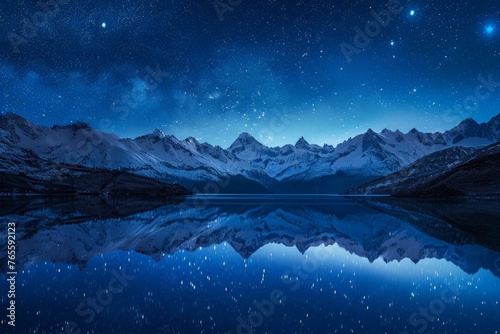A stunning view of a mountain range with a serene lake in the foreground, under a star-studded sky