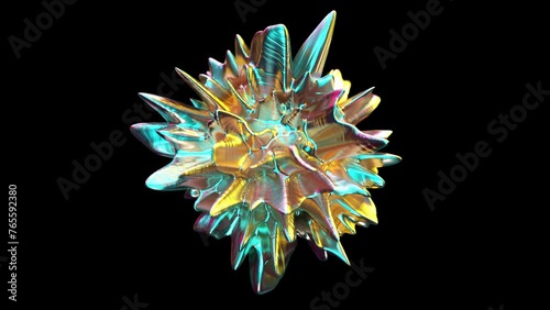 Realistic looping 3D animation of the abstract morphing textured iridescent metallic form rendered in UHD with alpha matte