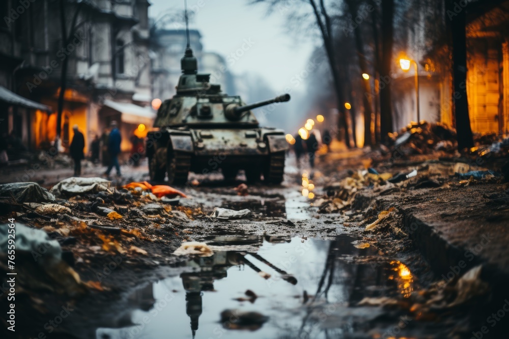 A tank advances through a cityscape ravaged by war, its metal exterior reflecting the devastation around it. - obrazy, fototapety, plakaty 