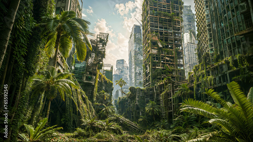 Desolate post-apocalyptic city, jungle reclaims dilapidated abandoned urban buildings overrun by lush greenery  photo