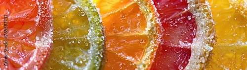 A macro photograph of a fruit slice candy capturing the sugary coating and citrus-inspired colors © 220 AI Studio