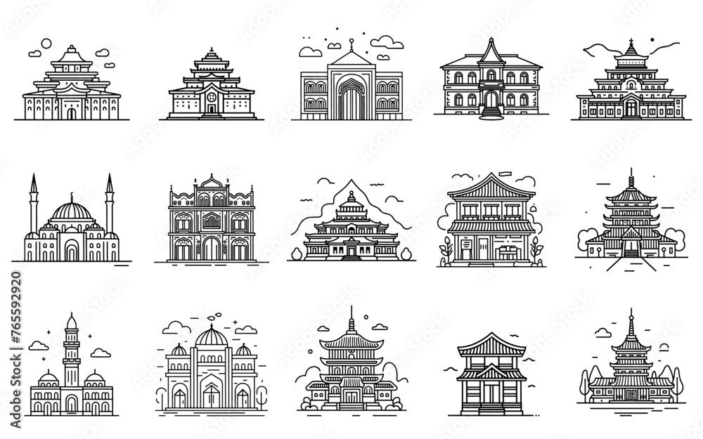 Asiatische Gebäude: Lineart-Illustrationen auf Weißem Hintergrund