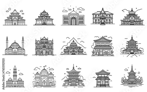 Asiatische Gebäude: Lineart-Illustrationen auf Weißem Hintergrund
