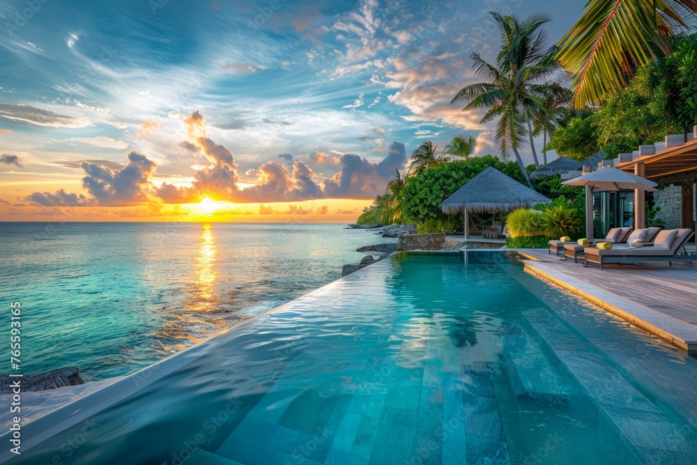Luxurious Tropical Resort Infinity Pool at Sunset, Exotic Holiday Destination with Palm Trees and Ocean View
