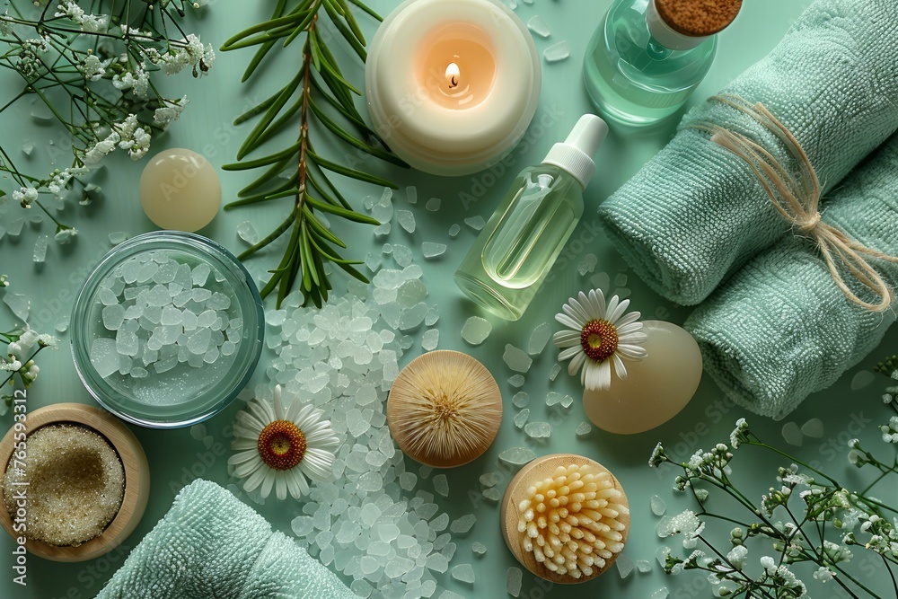Serene Spa and Wellness Setup with Candles, Fresh Towels, Essential Oils, Bath Salts, Herbs, and Flowers on Calming Green Background Serene Spa and Wellness Setup with Candles, Fresh Towels, Essential Oils, Bath Salts, Herbs, and Flowers on Calming Green Background