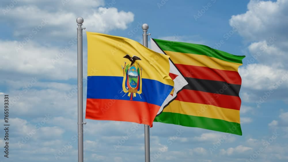Zimbabwe and Ecuador two flags waving together, looped video, two country cooperation concept Zimbabwe and Ecuador two flags waving together, looped video, two country cooperation concept