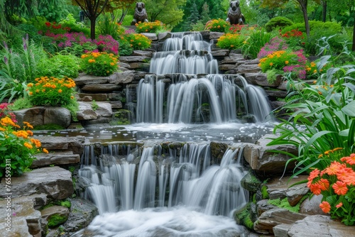 Serene Cascading Waterfall in Lush Garden with Vibrant Flowers and Verdant Greenery Tranquil Nature Scene for Relaxation and Wallpaper