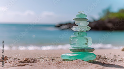 Glass stones delicately balanced on the seashore create a serene and harmonious spectacle