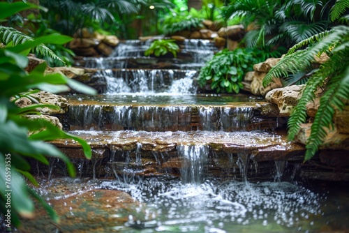 Tranquil Garden Waterfall Surrounded by Lush Green Ferns and Mossy Rocks Peaceful Nature Landscape