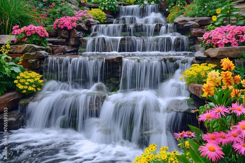 Tranquil Cascading Waterfall in Lush Garden with Vibrant Pink and Yellow Flowers Nature Landscape