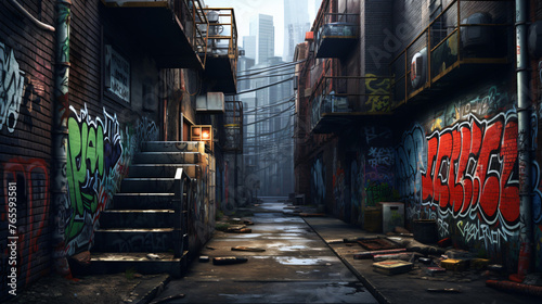 Moody urban landscape with graffiti-covered walls