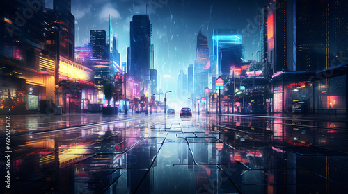 Moody urban landscape with rain-soaked streets reflect