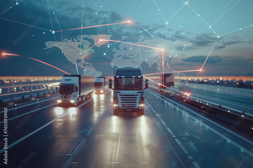 dynamic transportation and logistics concept, showcasing various modes of freight transport such as trucking and aviation, integrated with digital connectivity and global networking (1) - obrazy, fototapety, plakaty 