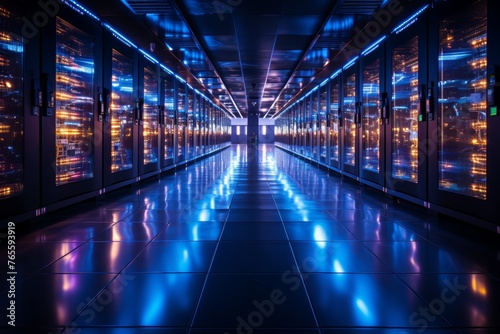 Server room with rows of rack-mounted servers. Supercomputer or mainframe. Data center. Cloud computing and big data storage © anwel