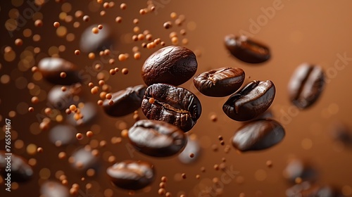 Solid brown background  some coffee beans floating around randomly  simple shape  minimalist style  high resolution  high detail  high quality  photography. Generative Ai