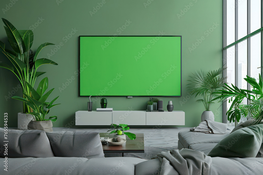 A green wall with a large flat screen television and a few potted plants