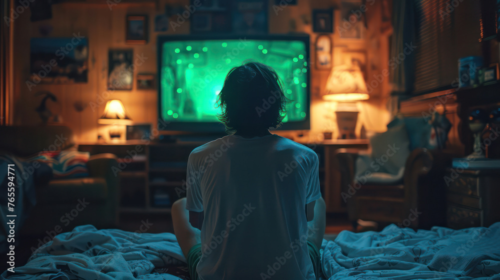 A man sitting in his room in front of television, the television should have green screen.