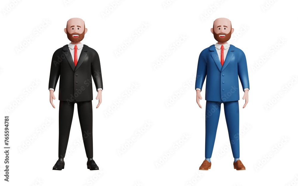 3D adult businessman in black and blue suit standing with confident smile. Entrepreneur, leader, success, management concept. 3D happy businessman. 3d illustration 3D adult businessman in black and blue suit standing with confident smile. Entrepreneur, leader, success, management concept. 3D happy businessman. 3d illustration