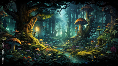 Whimsical illustration of a fairytale forest inhabited