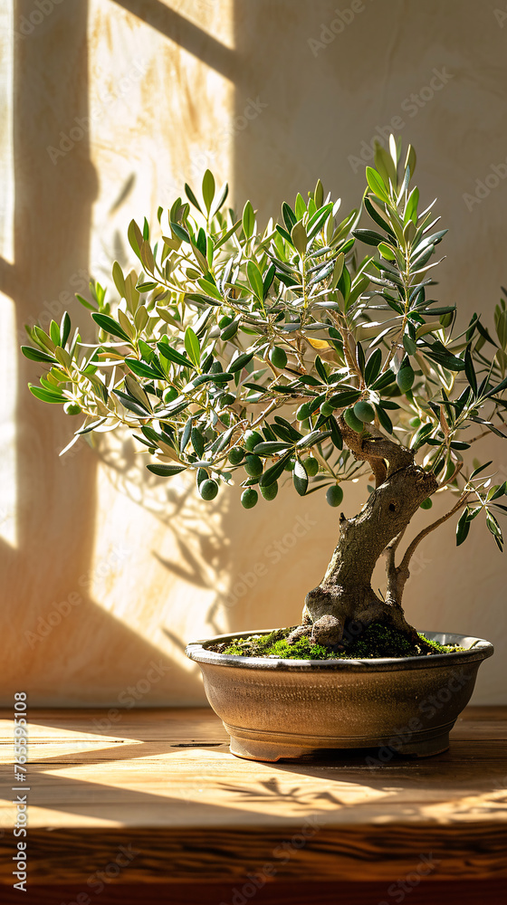 Olive tree bonsai on a table in the sunlight