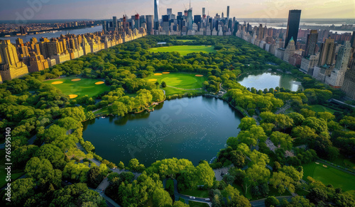 A stunning aerial view of New York City's Central Park, showcasing the vast greenery and iconic architecture with buildings in the background