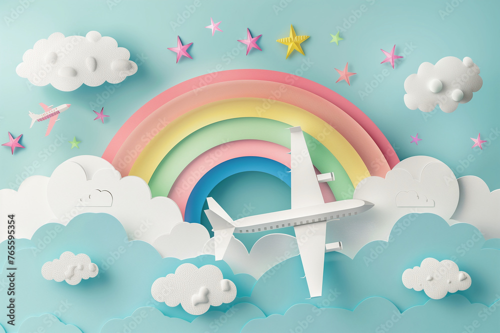 plane and rainbow paper cut in pastel colours, traveling and happy holidays concept (1) plane and rainbow paper cut in pastel colours, traveling and happy holidays concept (1)
