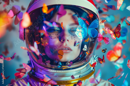 portait of a female astronaut in space helmet surrounded by butterflies, fashion conceptual photohraphy (4) photo